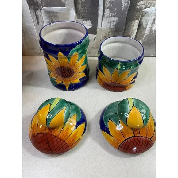 Mexican Blue Talavera Pottery Canister Set of 2 Sunflower w/ Lids - Picture 4 of 16